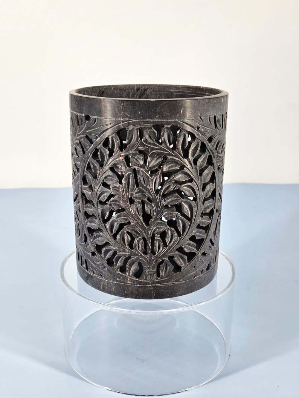 NBC Trading Co. Blue Gray Soapstone Hand Carved 6" T. Floral Design Candleholder